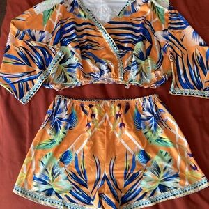 Tropical Print Wrap Top and Shorts Set